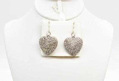 2'' Silver-T Textured & Embossed Floral Flat Hearts Dangle Hook Earrings Copper