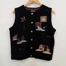 NEW Woolrich Wool Vest Womens Medium Black Cabin Moose Button Up Rustic Country