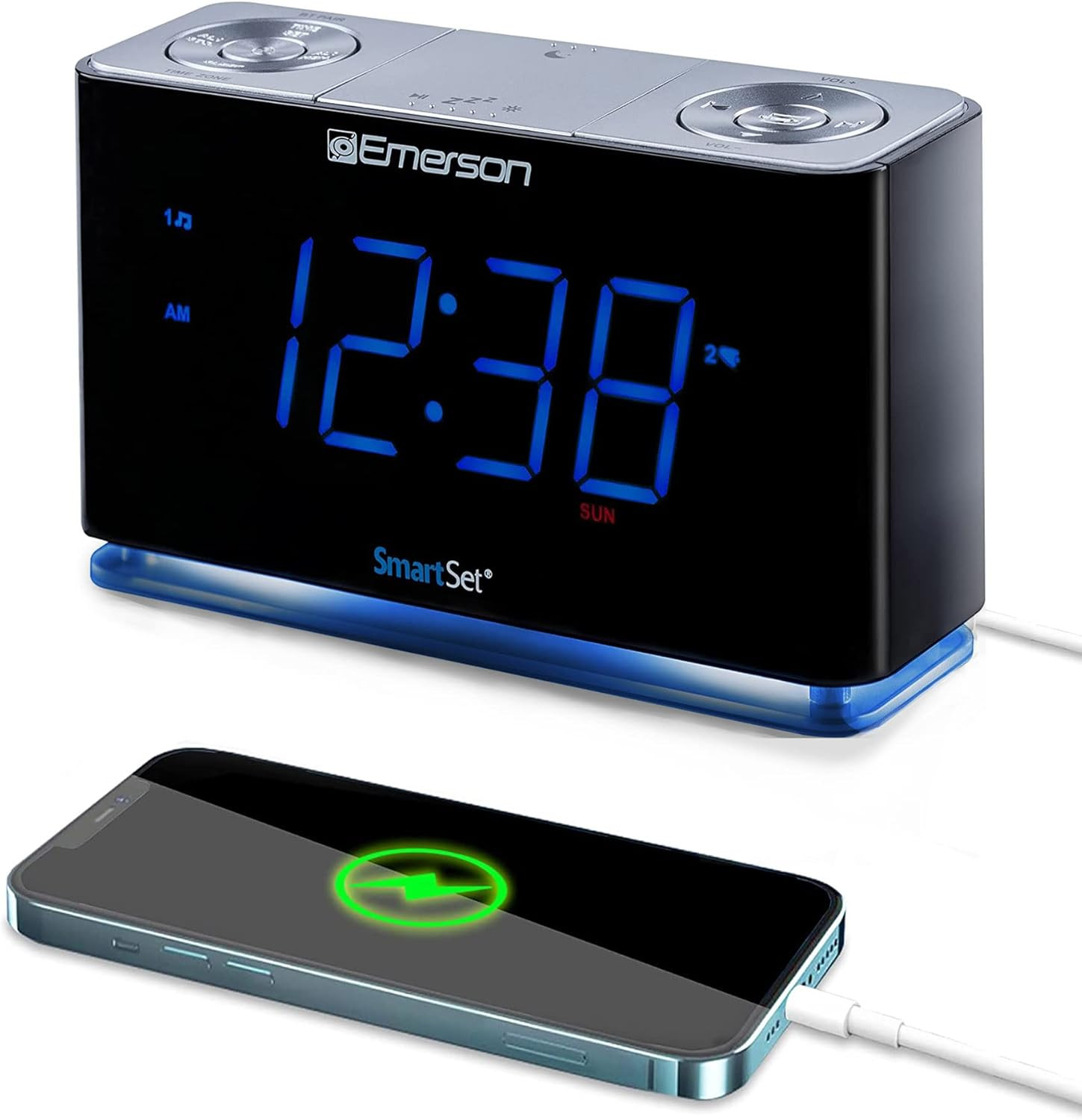 Emerson CKS1507 Smartset Radio Alarm Clock, 1.4" Blue LED Digital Display, USB C