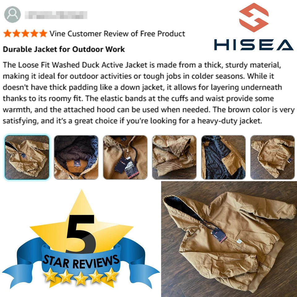 HISEA Men Insulated Hooded Jacket Relaxed Fit Canvas Coat Quilted Lined Workwear - Image 3 of 4