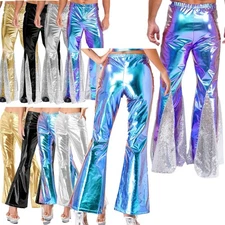 Men Shiny Metallic Sequins Night Club Pants 70s Retro Flared Raves Party Trouser