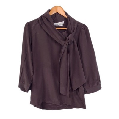 VTG Newport News Blouse Top Brown 100% Silk Matte Tie Neck 3/4 Sleeve Size 8