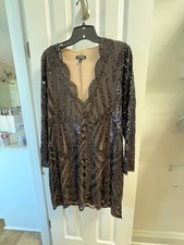 Express XL Black Sequin Long Sleeve Bodycon Mini Dress Scalloped V Neck