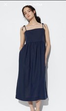 UNIQLO Linen-Blend Camisole Dress L Navy adj thin straps Elastic Back #127B6