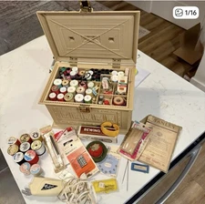 Vintage 70's Max Klein Beige Sewing Box Full of Sewing Notions and Thread