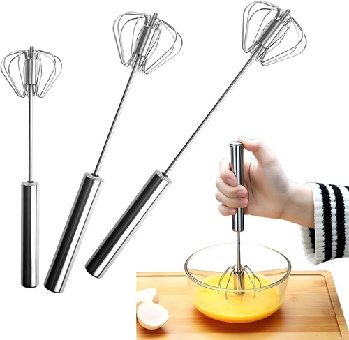3 Pack Stainless Steel Whisk Blending Egg Hand Push Rotary Blender Versatile