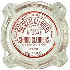 Crescent Shand Cleaners Demand The Best Vtg AshTray Coaster Glass Ph# Ri 2345