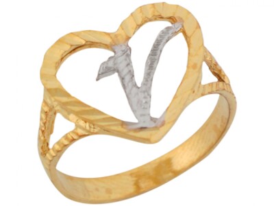 10k oder 14k zweifarbiges Gold ausgefallene Schrift Buchstabe V schöner Herz Initialen Ring