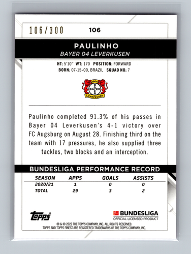 Paulinho 2021-22 Topps Finest Bundesliga Pink Wave Refractor /300 #106 - Picture 2 of 2