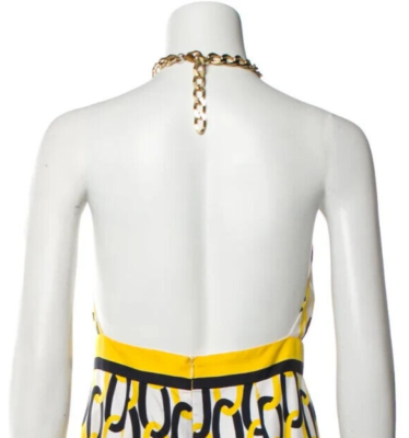 MILLY NY SILK GOLD CHAIN LINK PRINT YELLOW NAVY WHITE HALTER MINI Dress  LINED 8 | eBay
