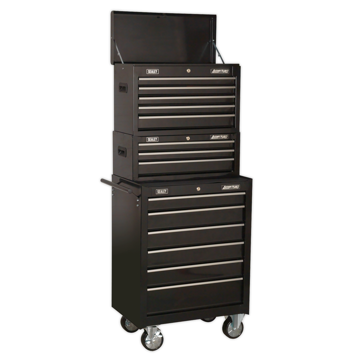 Sealey AP22BSTACK Topchest, Mid-Box & Rollcab 14 Drawer Stack - Black