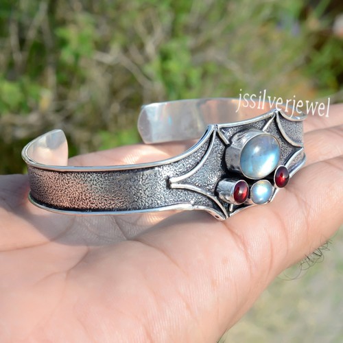 Red Garnet , Labradorite Gemstone Cuff 925 Sterling Silver Artisan Work Bracelet - Picture 3 of 5