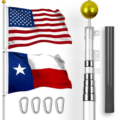 25 Ft Telescoping Flagpole Silver & American and Texas Flags Spun 3x5 Ft