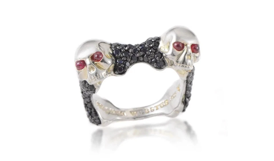 Stephen Webster Heavy 16g Skull Ring Ruby Eyes 2.8ct Pave Sapphires Couture Rare - Image 2 of 4