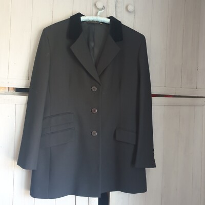 Vintage 90er schwarz Reitstil Jacke Gr. 16 zierlich lang Wolle Samt Kragen Steampunk