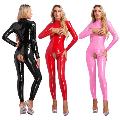 Women's Patent Leather Lingerie Glossy One Piece Body Long Sleeve Jumpsuit Club Overalls - Picture 1 of 39