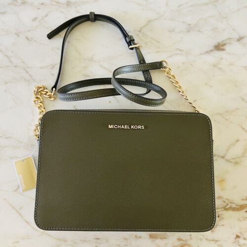 MICHAEL KORS Jet Set Olive Leather Zip Chain Crossbody Bag