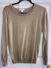 Jaclyn Smith Women's Pullover Sweater Embellished Neckline Small Gold Sparkle