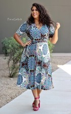 USA New Womens PLUS SIZE TEAL BROWN PAISLEY FLORAL BOHO SILKY MIDI DRESS 1X 2X