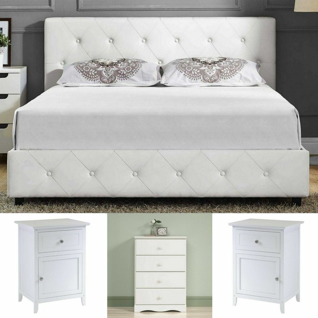 Queen Size Bedroom Set White Leather Platform Bed 2 Nightstands 4 Drawer Chest For - Queen Size White Platform Bed With Drawers Queen Size Bedroom Set White Leather Platform Bed 2 Nightstands 4 Drawer Chest For - Queen Size White Platform Bed With Drawers