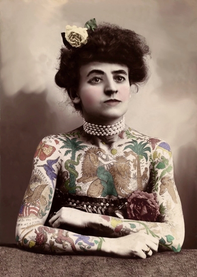 ANTIQUE CIRCUS FREAK SHOW HAND TINTED PHOTOGRAPH OF TATTOOED