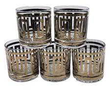 Vtg Culver Greek Key Old Fashion Rocks Glasses 22K Gold Trim MCM Set 5 Barware