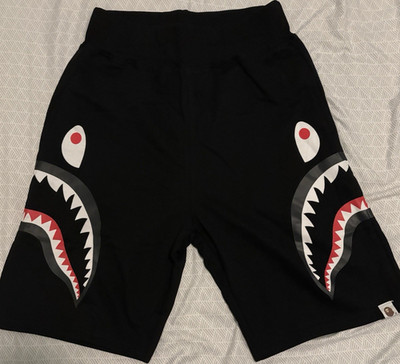 A Bathing Ape Shark Graphic Sweat Shorts Black Drawstring Elastic Waist Men's