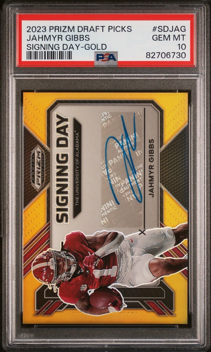 Jahmyr Gibbs 2023 Panini Prizm Draft Picks Signing Day Gold Auto