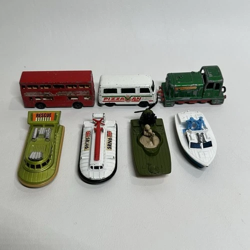 Vintage Matchbox Lesney Lot Of 7 1970s England Superfast Boats Train Bus Pizza