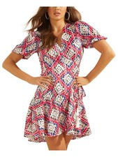 GUESS Womens Red Ruffled Tie Pouf Surplice Neckline Short Faux Wrap Dress M