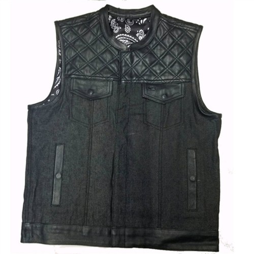 Leather Biker Vest Men's Riding Club Motorcycle Vest Black/White Large Size - Picture 2 of 5