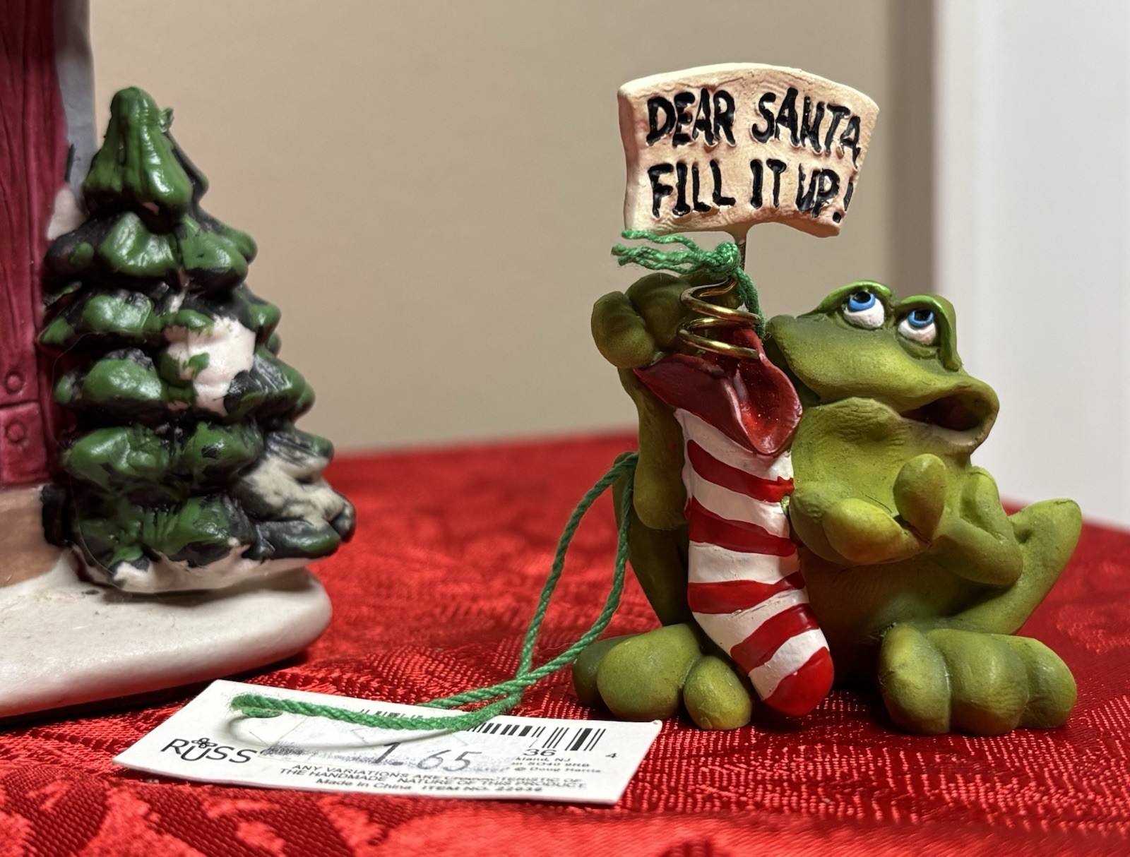 NOS Frog Christmas Stocking Mini Figure Hand Painted By Russ Berrie & Co. 2”