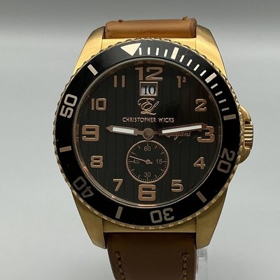 Christopher Wicks Elegant Mens Watch 44mm Black Dial Gold Tone Leather CWEL-004