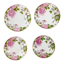 Lot of 4 Long Zhou Soup Bowl / Salad & Dinner Plate Floral Rose Pink W/ Gold Rim