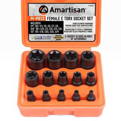 14 Pc Female -Torx Star Socket Set/Rail, 1/4'' 3/8'' 1/2'' Drive, E24 External T...