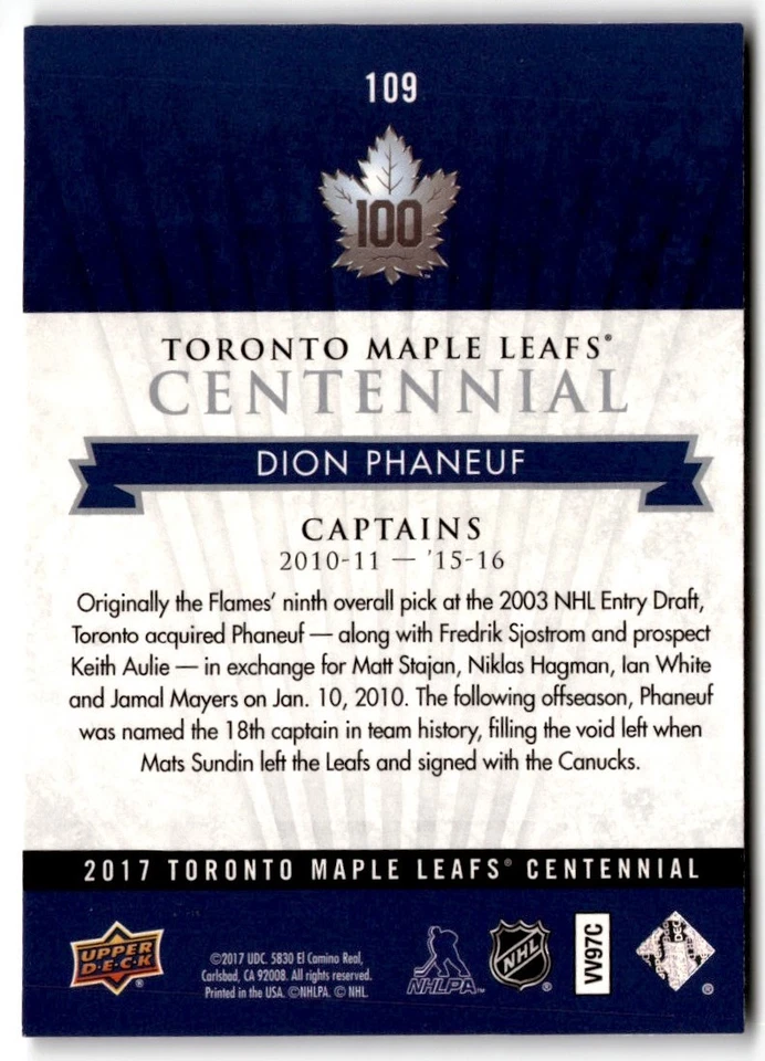 Dion Phaneuf 2017-18 Upper Deck Toronto Maple Leafs Centennial SP #109 - Image 2 of 2