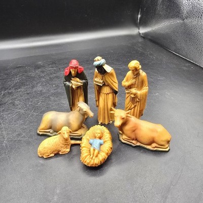 ARA Plastic Nativity Set 7 Pc Holy Family Wise Men Animals Manger Vtg 1960s