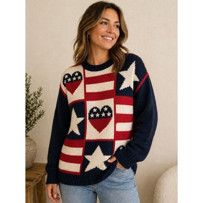 Marisa Christina Classics Vintage Americana Star Heart Hand Knit Sweater XL