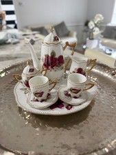 Vintage Miniature Porcelain Tea Set with Rose Floral Design and Gold Accents