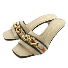 Tory Burch Sandal Mule Leather Square Toe Heel Gold Hardware 6.5 23.5cm Used d1b