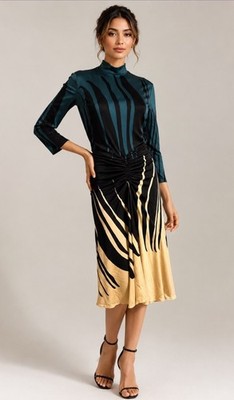 Issa London 100% Silk Ruched Abstract Art Midi Dress Women Size 6 Timeless Luxe
