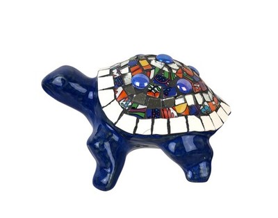 Ceramic Blue Glazed Mosaic Turtle Figurine Broken Pottery Mirror Shards Tiles
