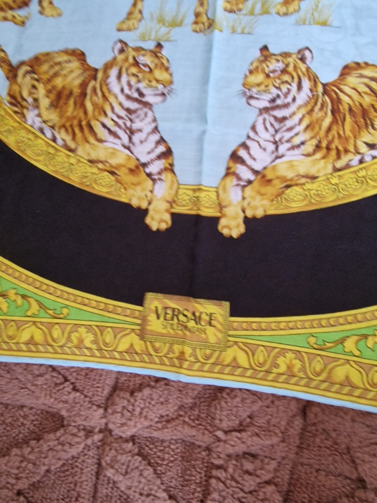 Authentic VERSACE Silk Scarf – RareLime Green & SkyBlue Tigers &Cheetahs Jungle image 2