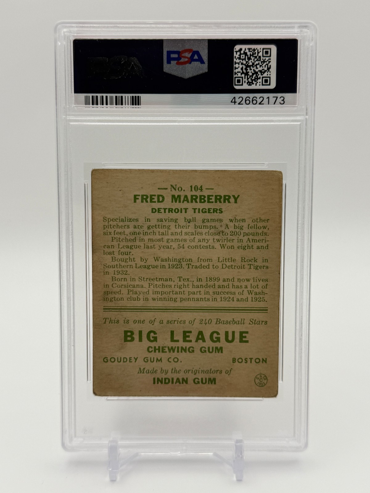 1933 Goudey - Fred Marberry PSA 2 GOOD Detroit Tigers #104 view 2