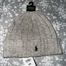 Polo Ralph Lauren Logo Pony Gray Wool Knit Cuffed Beanie Hat Cap Men’s OS NWT