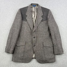 Vintage Pendleton Blazer Mens 44 Long Gray Herringbone Western Suede Yoke Tweed