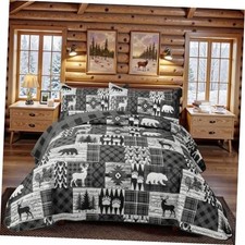 3 Piece Cabin Size Quilt Sets Farmhouse Rustic Reversible King Bear Grey