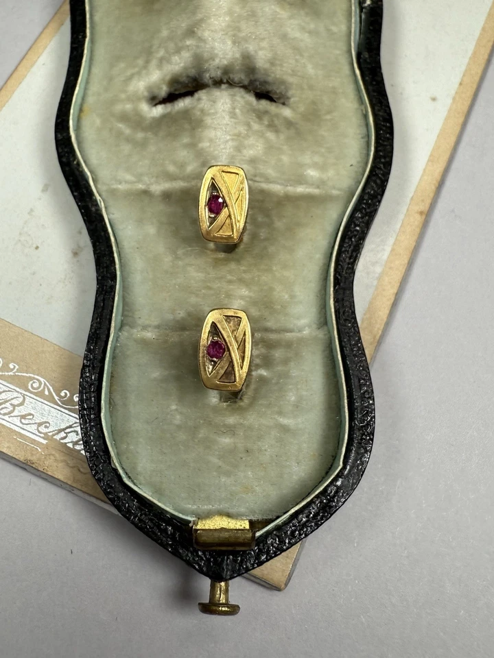 Antike Jugendstil Kragenknöpfe Herrenschmuck Golddoublé rosa Glassteine F.A. - Bild 3 von 4