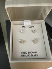 Cubic Zirconia Sterling Silver Bow and Heart Stud Earrings Pair New Lake  Gray
