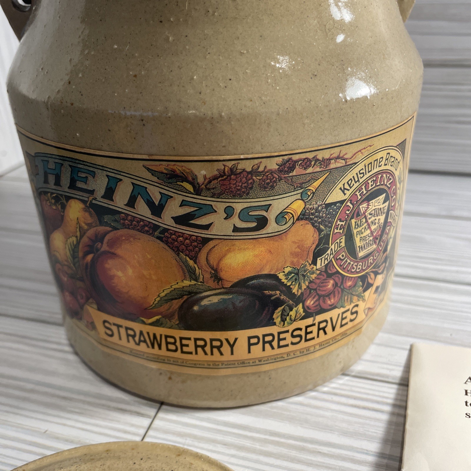 Vintage Heinz Strawberry Preserves Stoneware Crock Bail Handle 1992 Replica
